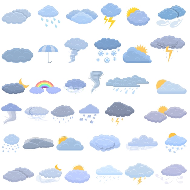 Cloudy weather icons set. Cartoon set of cloudy weather  icons for web design