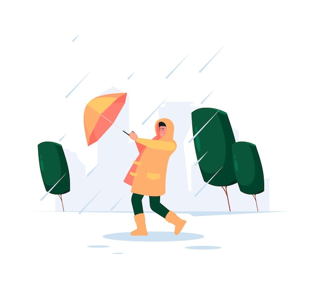 Vector cloudy weather rainy cold time urban landscape walking peoples with umbrellas seasonal persons garish vector flat background