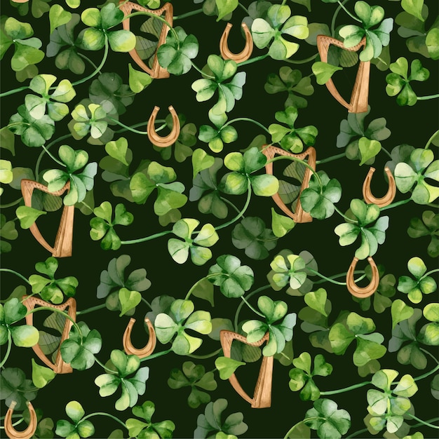 Clover and harp watercolor seamless pattern isolated on dark background Painted shamrock and horseshoe Hand drawn Irish symbol Design for St Patrick day decoration textile wrapping paper