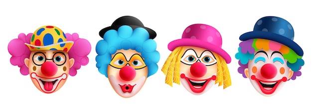 Clown characters set vector design. Birthday buffoon and joker character with funny and happy facial