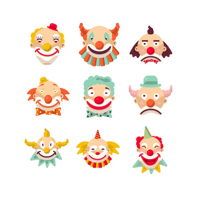 Clown faces isolated character set.