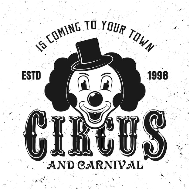 Clown head black emblem, label, badge or logo in vintage style for circus show isolated on white background