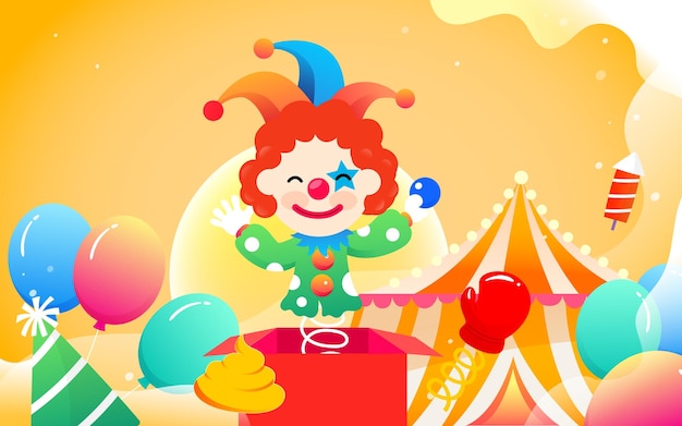 Clown juggling on stage with stage and trick props in background, vector illustration