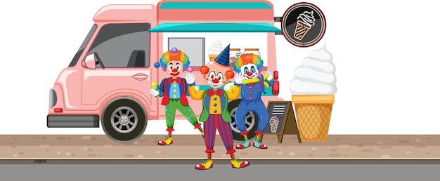 Clowns standing in front of icecream truck