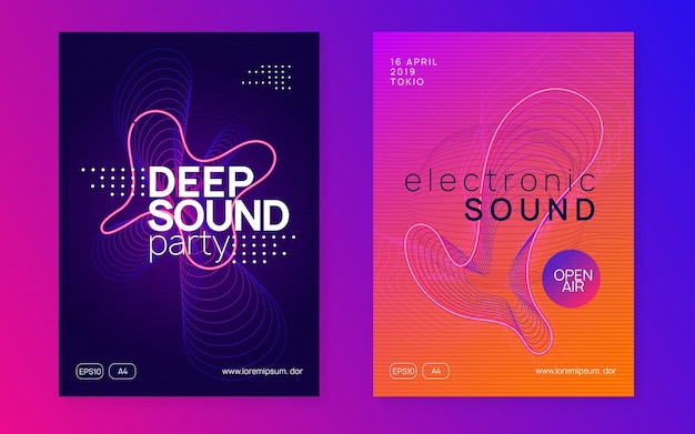 Club flyer. Dynamic fluid shape and line. Geometric concert invitation set. Neon club flyer. Electro dance music. Trance party dj. Electronic sound fest. Techno event poster.