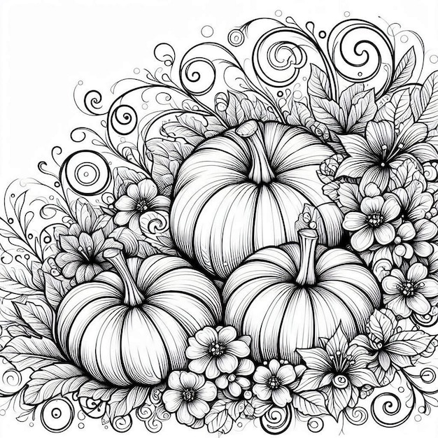 cluster of pumpkins surrounded by swirling vines Coloring page