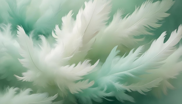 A cluster of soft white feathers on a green background creating a delicate and ethereal texture