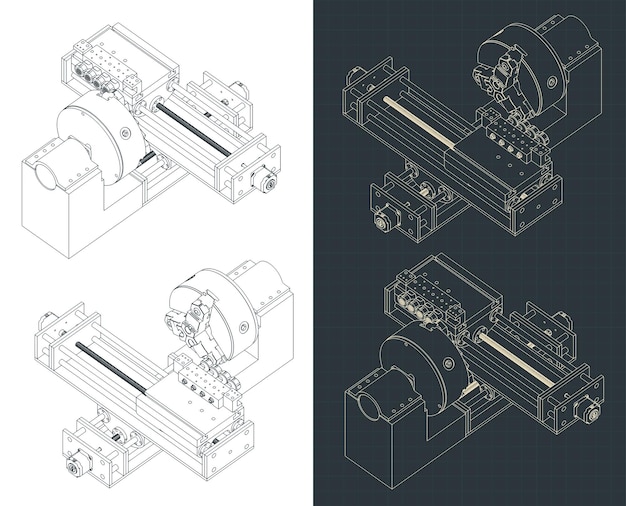 CNC lathe machine isometric blueprints