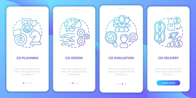 Co-production elements onboarding mobile app page screen with concepts. Co-designing, co-evaluating walkthrough 4 steps . UI  template with RGB color