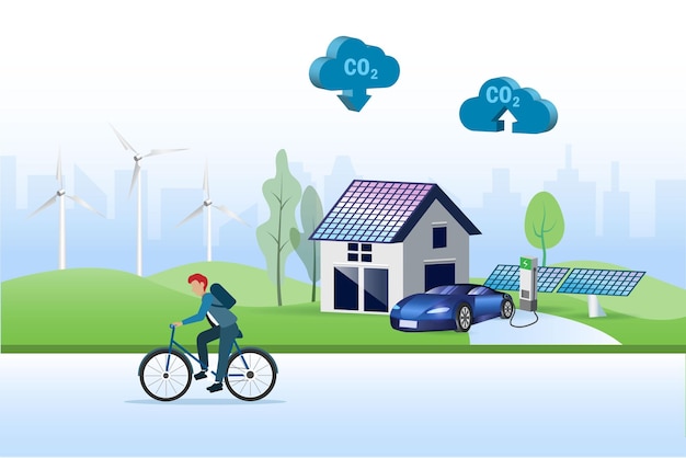 CO2 carbon emissions earth day concept House with solar panel wind turbine to reduce carbon emission