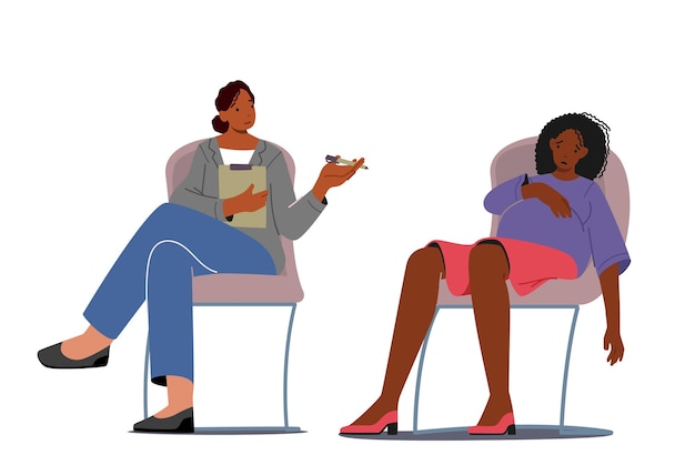 Coach and Sad Anxious or Tired Pregnant Female Character Sitting Speaking Discussing Maternity Issues Psychological Support for Pregnant Woman in Perinatal Class Cartoon People Vector Illustration