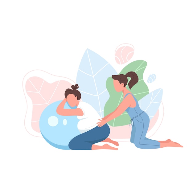 Coach with pregnant woman flat color faceless character. Prenatal exercise. Girl with aerobics ball. Pregnancy fitness isolated cartoon illustration for web graphic design and animation