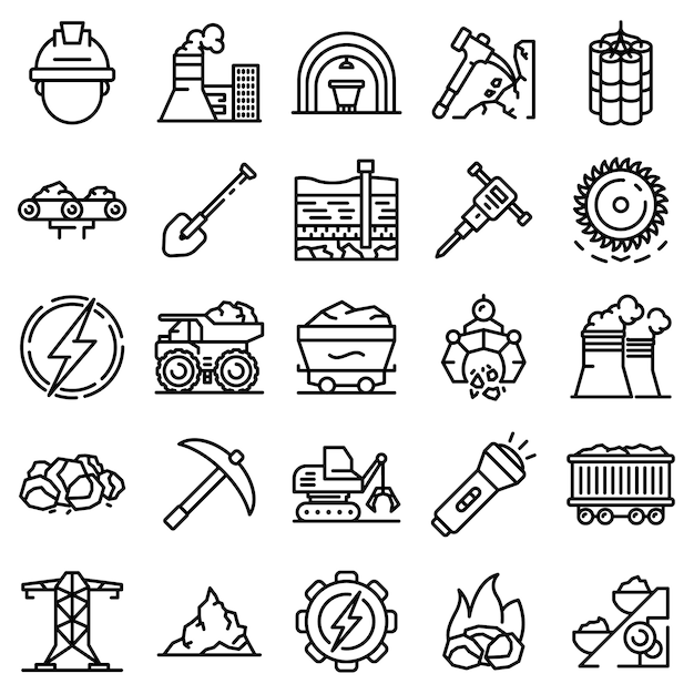 Coal industry icons set, outline style