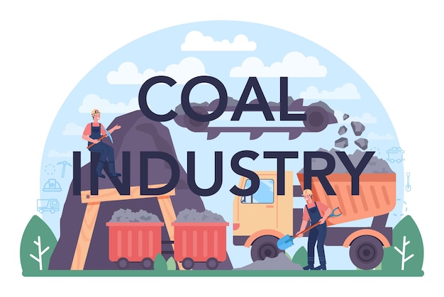 Coal industry typographic header. Mineral and natural resources extraction. Mining and industrial exploration of crude coal. Modern technology for power generation. Vector illustration