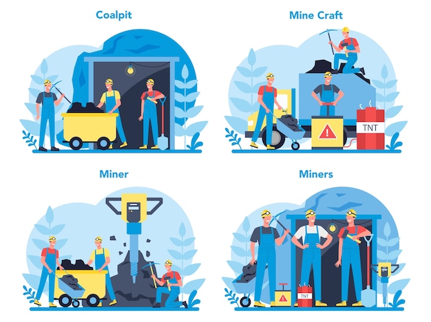 Coal or minerals mining concept set. Worker in uniform and helmet with pickaxe, jackhammer and wheelbarrow working underground. Extraction industry profession.    