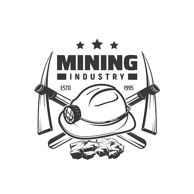 Coal mining industry icon with pickaxe and hardhat