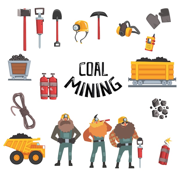 Coal mining industry set, working miners, transport, miner equipment and tools  Illustration