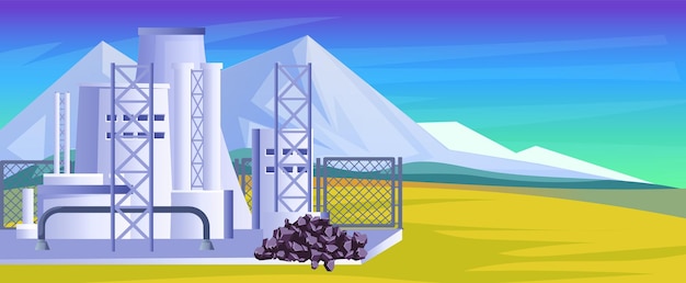 Vector coal station industrial energy production power plant fuel carbon charcoal electricity factory fence smoke environment pollution landscape with mountain field sky vector illustration