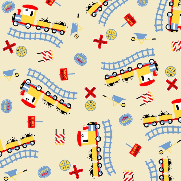 Coal train cartoon with railroad signs on vector pattern 