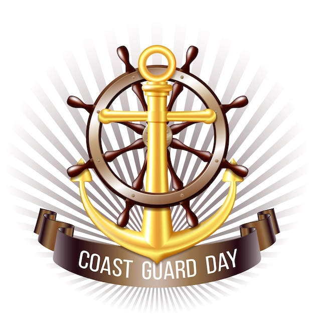 Coast guard day greeting card Nautical emblem with an anchor lifebuoy and ribbon