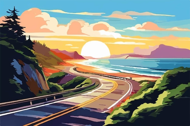 Vector coast road to the sea road going to the sea road trip sea illustration background sea view