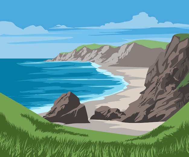 Coast vector illustration with cliffs and rocks