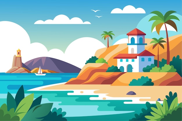 Vector coastal landscape with a house and palm trees