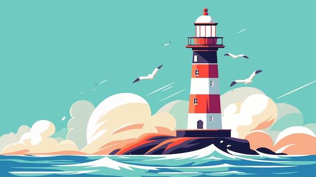 Vector coastal lighthouse with crashing waves and seagulls