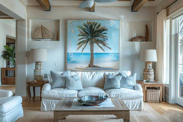 Vector a coastal living room has a white couch and palm tree in the style of light blue and dark beige plei