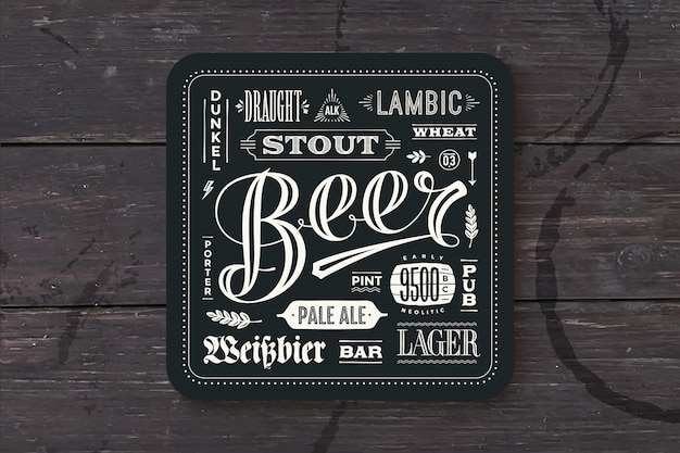 Coaster for beer with hand drawn lettering.