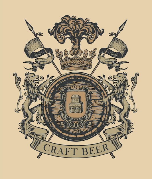 coat of arms for craft beer with barrel and lions