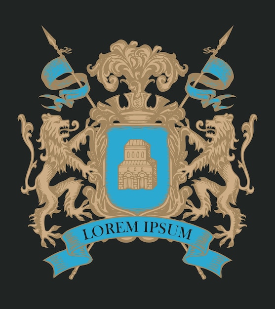 Coat of arms with blue ribbon and lions