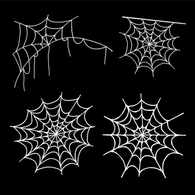 Cobweb collection, isolated on black. Halloween spider web set. Hand drawn icons for Halloween decoration. Line art in sketch style.