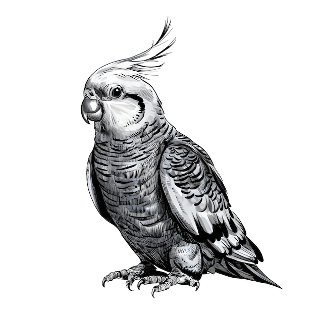 Cockatiel vector pencil ink sketch drawing black and white monochrome engraving style