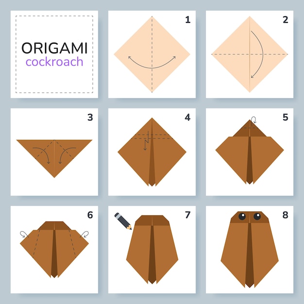 Vector cockroach origami scheme tutorial moving model origami for kids step by step