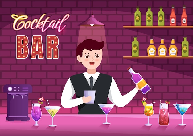 Cocktail Bar or Nightclub with Alcoholic Fruit Juice Drinks or Cocktails Illustration