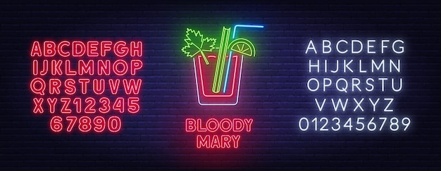 Cocktail Bloody Mary neon sign on brick wall background.