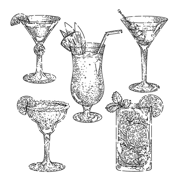 Cocktail drink set sketch hand drawn vector