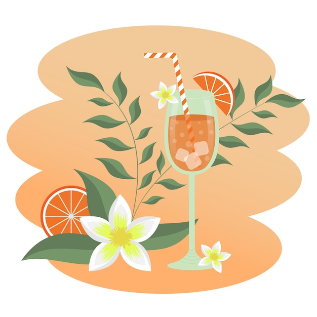 Cocktail in a glass with orange and ice. Vector illustration of fresh drink.