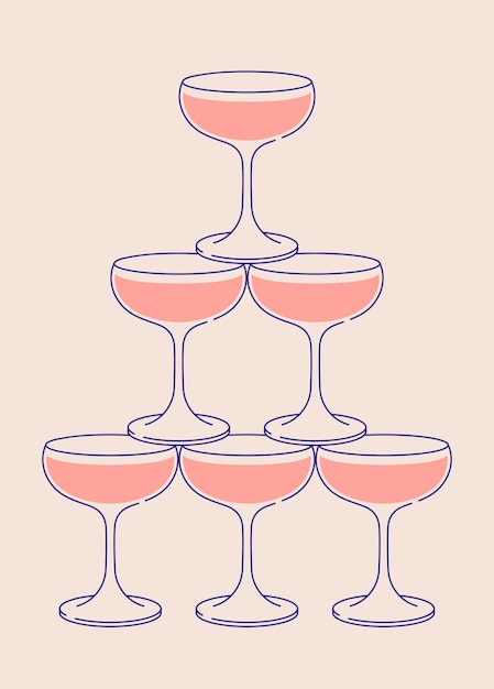 Vector cocktail glasses pyramid sparkling wine cocktail tower postcard for web and print