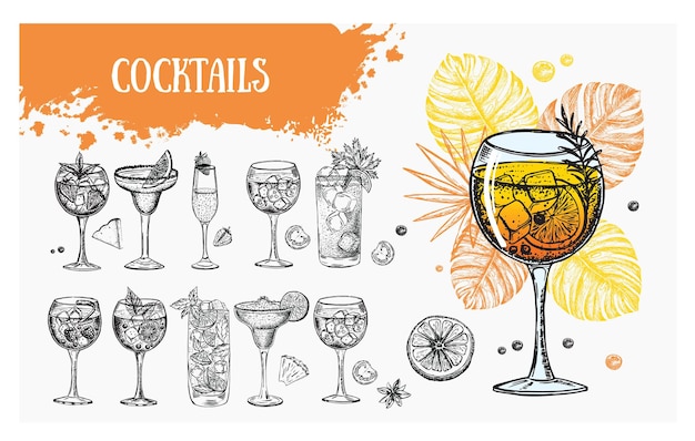 Cocktail menu design template Alcoholic cocktails hand drawn