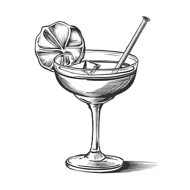 Cocktail monochrome ink sketch vector drawing engraving style illustration