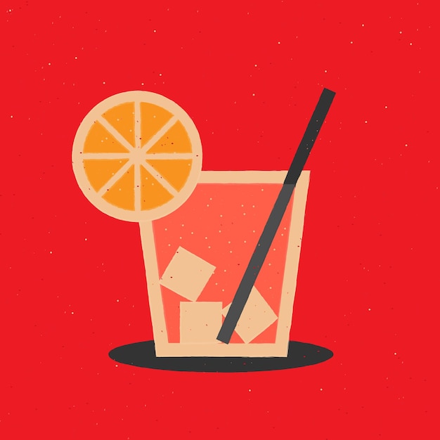 Cocktail in old fashioned glass with cubes ice and orange slice Alcoholic Beverage with citrus peel Italian aperitif on rocks Vector illustration in flat cartoon retro style