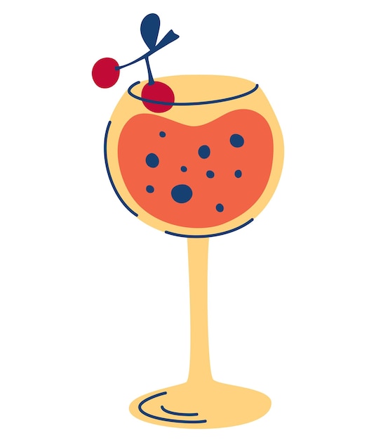 Cocktail with cherries. Stylized image of alcoholic beverage. Summer vacation and beach party. 