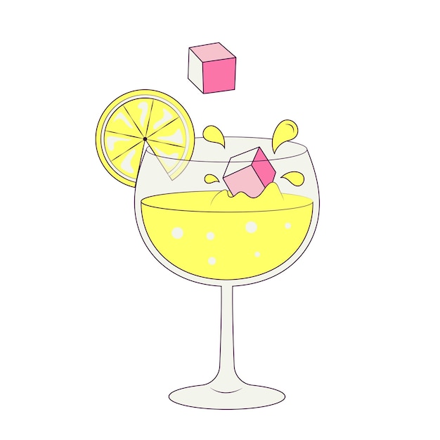 Cocktail with Ice Cubes a Slice of Lemon on a Glass Party Illustration in Groovy Style Temporary Sticker or Badge