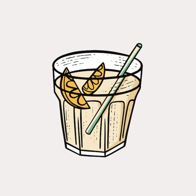 Cocktail with lemon slice or drink. Hand drawn colored vector illustration.