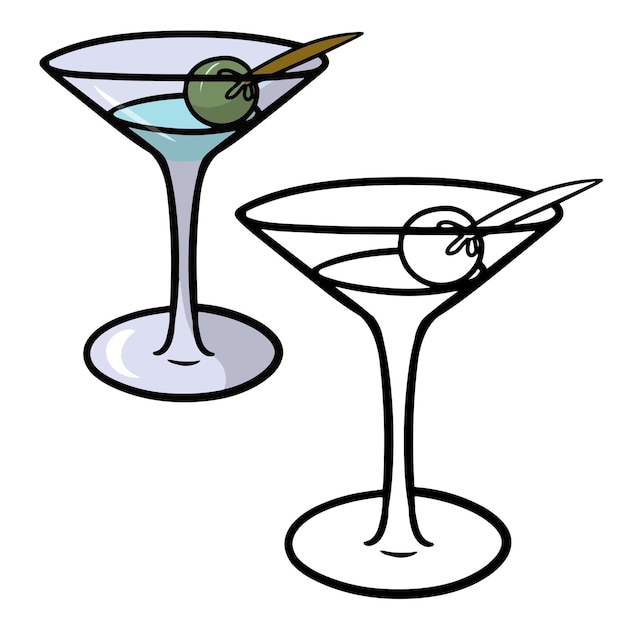 Cocktail with olive in a glass glass martini cartoon vector illustration on a white background