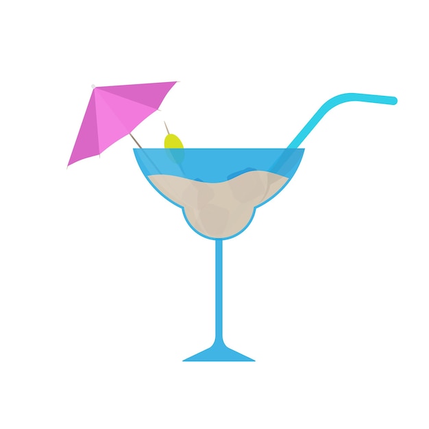 Cocktail with umbrella, olive and straw in a flat style. Cocktail icon. Isolated. Vector.