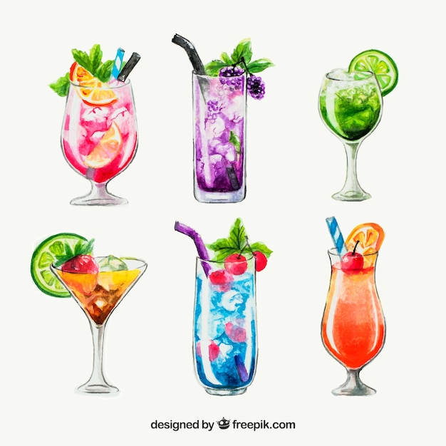 Cocktails collection in watercolor style