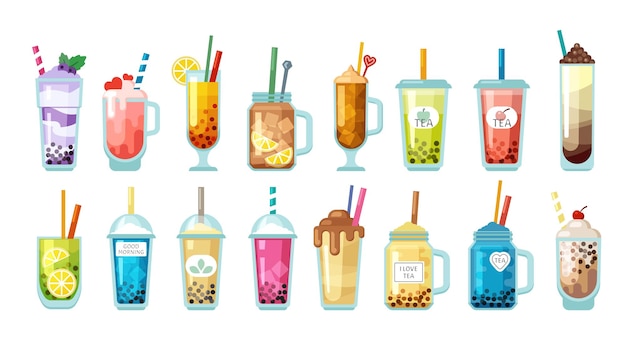 Cocktails different alcoholic drinks and tropical cocktails in glasses various forms Vector illustrations